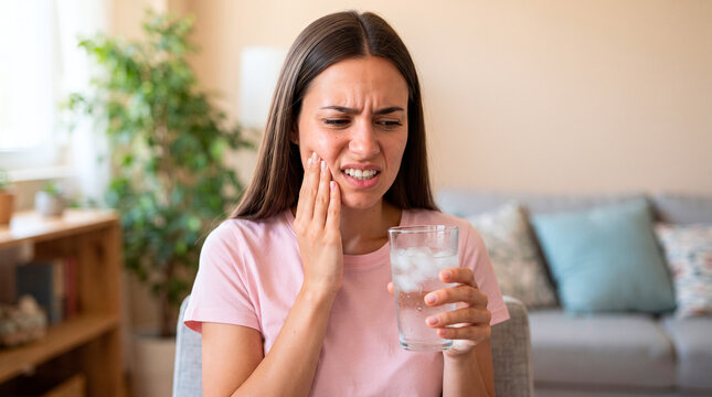 Woman experiencing tooth sensitivity while drinking cold water from a glass with ice