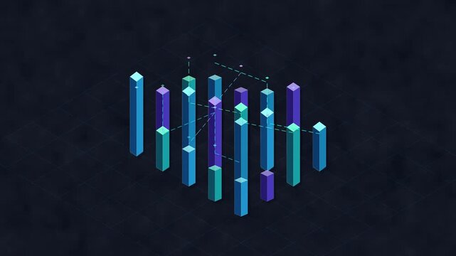 Abstract data sorting animation, digital big data visualization, 4k motion graphic with blue and purple bars
