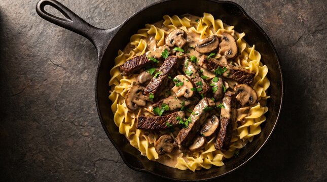 Hearty rustic homemade beef stroganoff featuring tender sauteed beef strips and earthy mushrooms in a rich creamy sour cream sauce, served over wide egg noodles in an antique dark cast iron skillet