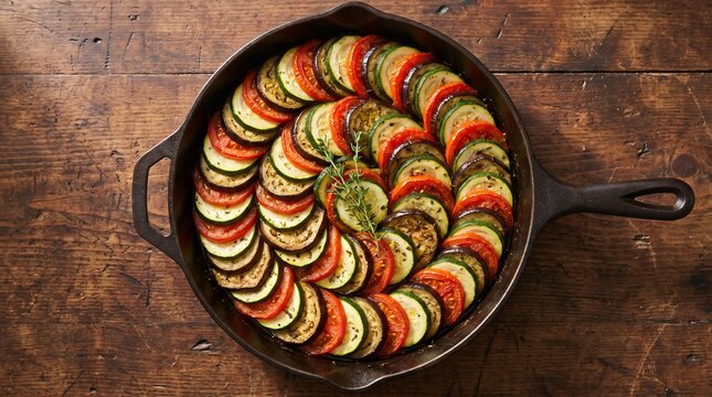 Classic French Provencal ratatouille dish featuring beautifully arranged overlapping circular slices of colorful fresh summer zucchini, eggplant, and tomatoes baked perfectly in a dark rustic iron pan