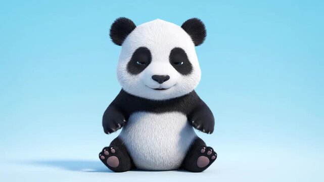 Cute 3D baby panda sitting and waving on blue background
