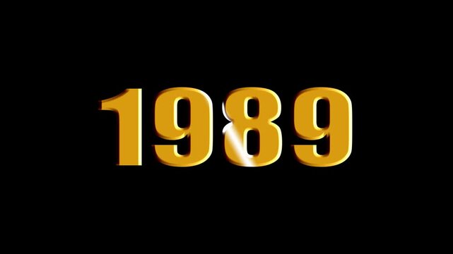 Year 1989 Scaling Text Animation with Bevel and Light Sweep Effect on Black Background.