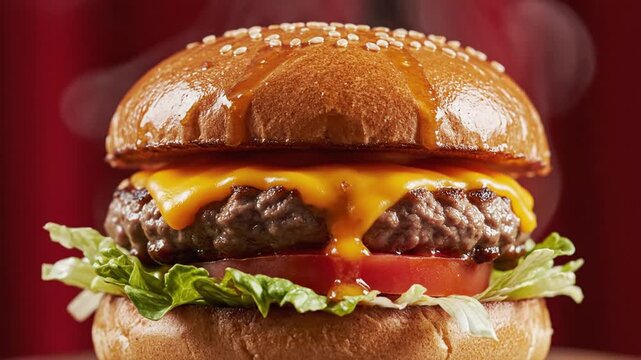 Delicious cheeseburger with melted cheese dripping over juicy beef patty