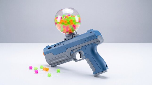 recreational equipment design, a sleek gellyball blaster with a vibrant, filled hopper on a minimalist surface