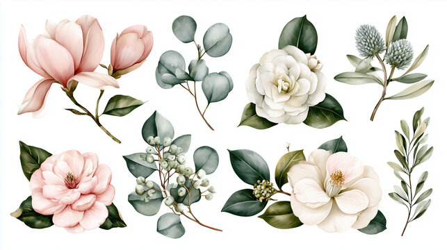 Watercolor floral elements collection with pink magnolias, white camellias, eucalyptus leaves, and berries isolated on white background