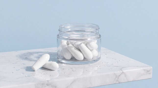wellness products, a pristine glass jar of hyaluronic acid suppositories on gleaming marble