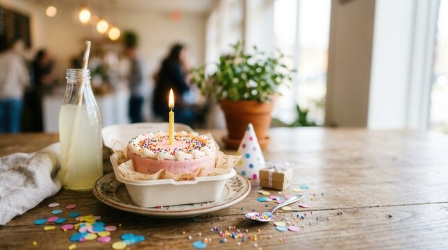 Single Birthday Cake with Candle, Sprinkles, and Drink on a Rustic Table, Celebrating a Special Occasion