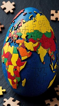 Colorful wooden puzzle egg shaped like world map. Pieces represent different continents, countries on blue ocean background. Educational toy for kids learn geography, global connection, world puzzle