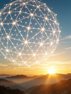 Glowing geometric network sphere floats above misty mountains at sunrise. Digital concept connects world, showing future tech, global reach, and data flow. Modern abstract background with light.