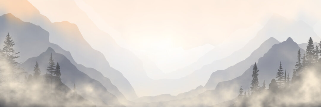 Sunrise in the mountains, misty silhouettes of ridges, fog and forest, vector illustration