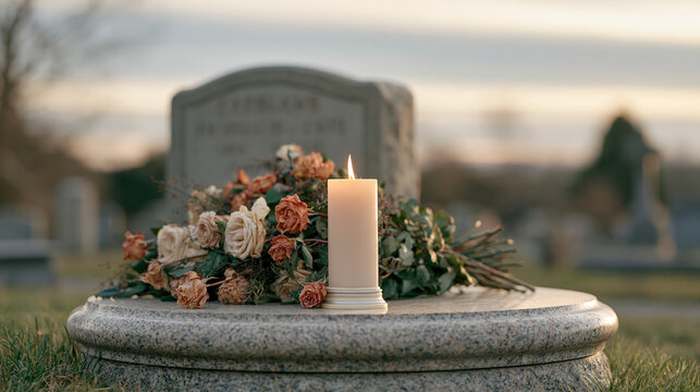 Low angle view looking up from ground level past a glowing memorial candle to a stone grave marker etched with a surname and dates, overcast sky behind, grave flowers wilting at