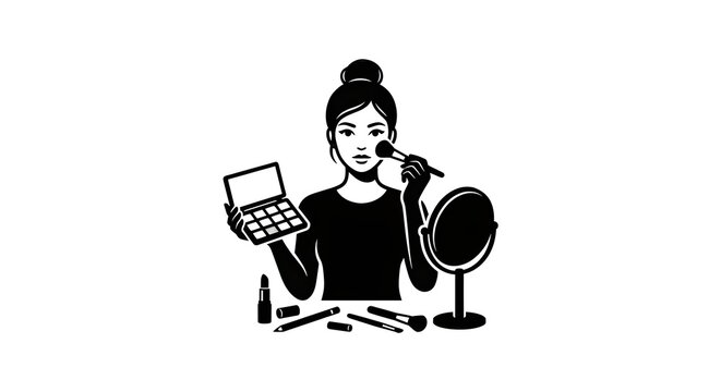 Woman applying makeup icon, beauty salon makeover silhouette emblem vector illustration