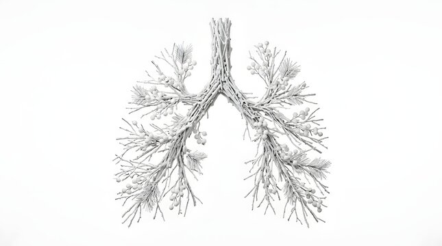 Christmas Human Body Part Human lungs shape made of white frosted tree branches and berries, creative medical concept of respiratory health and nature connection