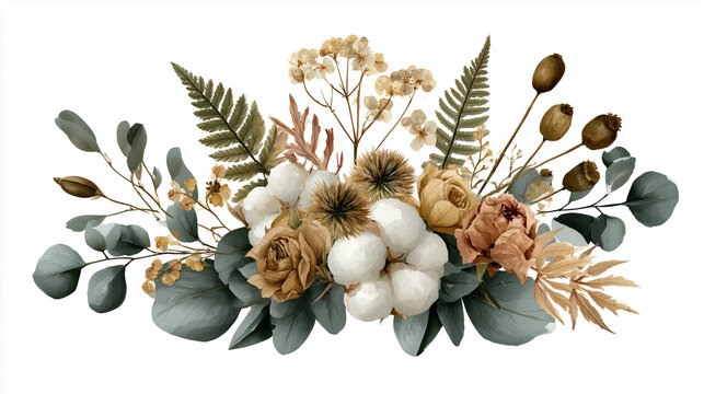 Boho style floral arrangement with cotton bolls, dried roses, eucalyptus leaves, and ferns isolated on a white background