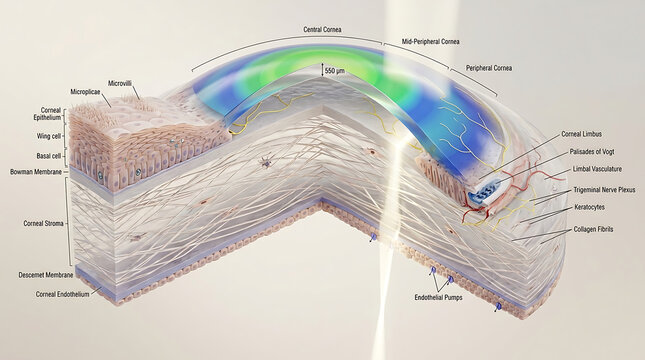 3D Photorealistic Complete Human Cornea Anatomy with Five Layers Innervation and Limbal Stem Cell Niche