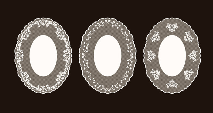Set of three semitransparent white lace oval borders styled with fine tulle mesh grid and botanical floral motifs. Victorian doily hand drawn frame vector graphic ideal for luxury greeting card design