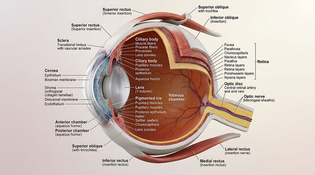 3D Photorealistic Complete Human Eyeball Anatomy with Cornea Retina Lens Optic Nerve and Extraocular Muscles
