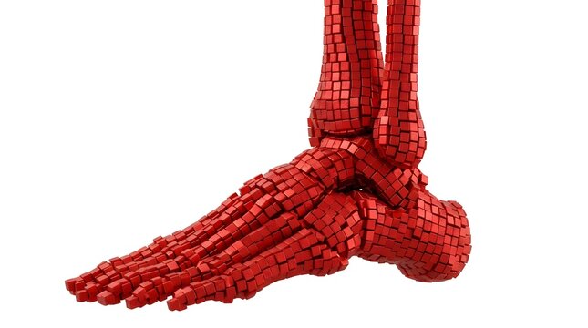 Christmas Human Body Part Anatomical human foot and ankle bones constructed from red 3D cubes, abstract medical illustration of skeletal structure on white background