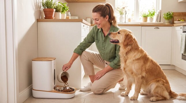 pet care technology, a woman fills a modern rfid pet feeder as her golden retriever waits nearby