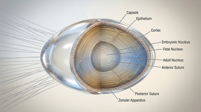 3D Photorealistic Complete Human Crystalline Lens Anatomy with Capsule Cortex Nucleus Sutures and Zonules