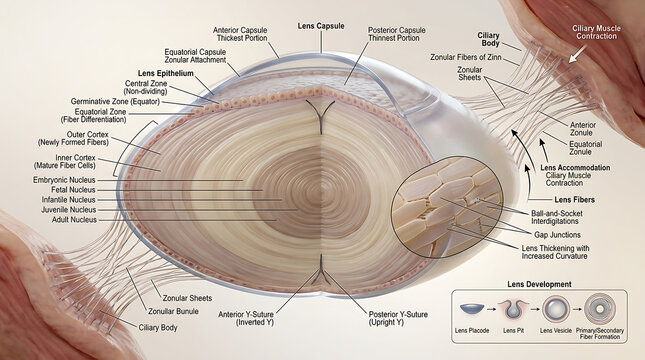 3D Photorealistic Complete Human Crystalline Lens Anatomy with Capsule Cortex Nucleus Sutures and Zonules