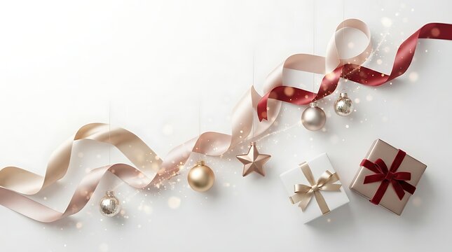 Elegant silver and red Christmas gift ribbon with golden ornaments and star decoration on white background
