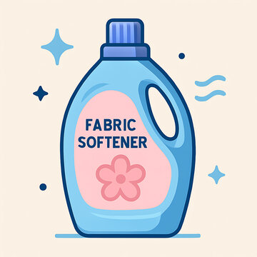 A flat vector illustration depicts a blue plastic bottle of fabric softener with a flower.