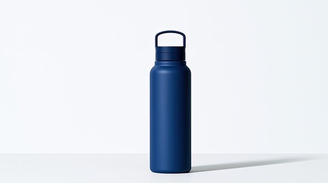 A tall, matte navy blue, reusable water bottle with a loop