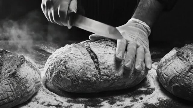 Black and white close up of a baker wearing gloves carefully slicing into a loaf of freshly baked bread