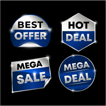 Silver and metallic blue 3D promotional sale badge set isolated on black background vector illustration