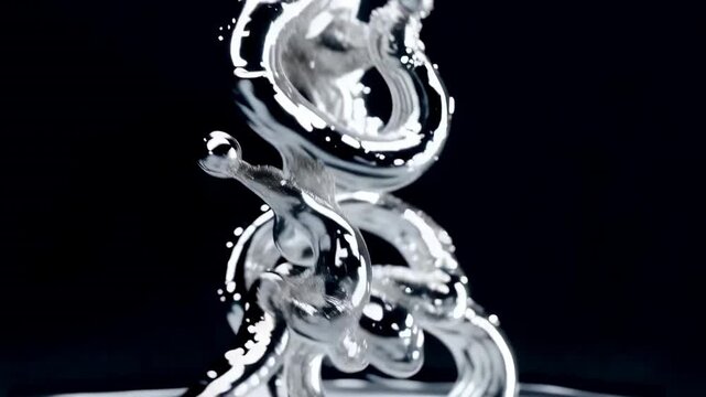 Abstract metallic sculpture with fluid shapes and reflections, showcasing dynamic movement and intricate details against a dark background in a studio setting