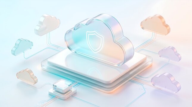 Cloud computing network infrastructure with data storage and global connectivity featuring a central digital shield icon and connected floating cloud nodes in a futuristic 3D rendered environment