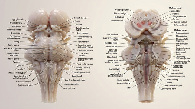3D Photorealistic Complete Human Brainstem Anatomy with Medulla Pons Midbrain Nuclei Tracts and Cranial Nerves