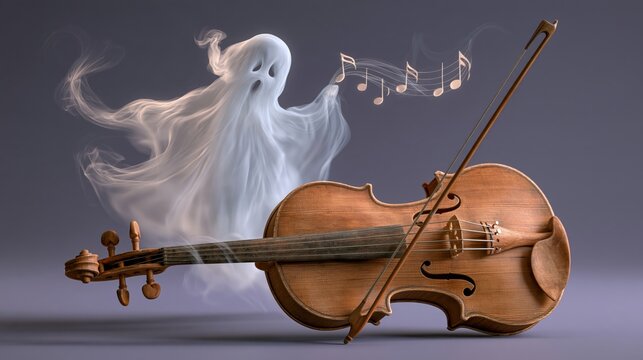 Vintage wooden violin playing itself with tiny glowing white ghost of musical notes floating above on dark purple background
