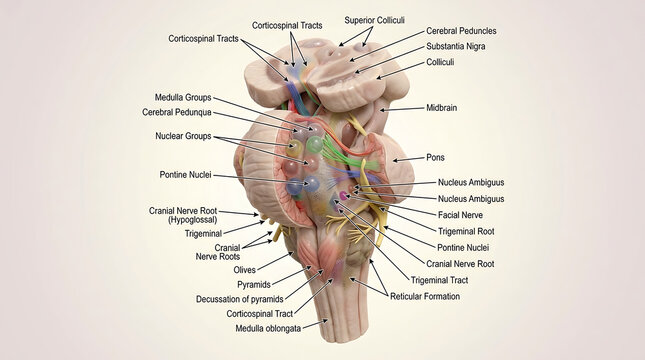 3D Photorealistic Complete Human Brainstem Anatomy with Medulla Pons Midbrain Nuclei Tracts and Cranial Nerves