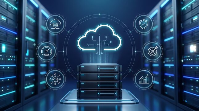 Cloud computing server rack infrastructure with holographic interface icons representing data security and performance monitoring in a professional dark blue server room environment 3D render