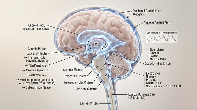 3D Photorealistic Complete Human Cerebrospinal Fluid Anatomy with Production Circulation Cisterns and Absorption Pathways