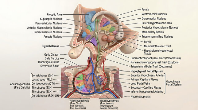 3D Photorealistic Complete Human Hypothalamus and Pituitary Anatomy with Nuclei Portal System and Hormone Axes