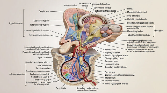 3D Photorealistic Complete Human Hypothalamus and Pituitary Anatomy with Nuclei Portal System and Hormone Axes