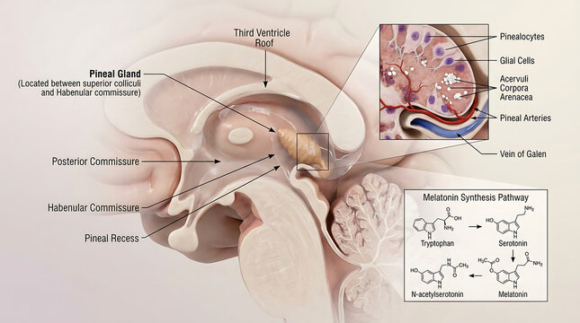 3D Photorealistic Complete Human Pineal Gland Anatomy with Pinealocytes Calcification Innervation and Surrounding Structures