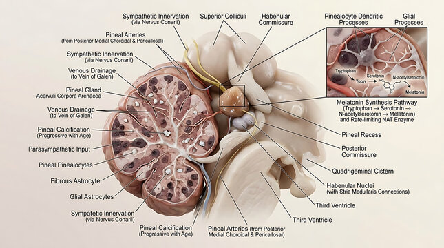 3D Photorealistic Complete Human Pineal Gland Anatomy with Pinealocytes Calcification Innervation and Surrounding Structures