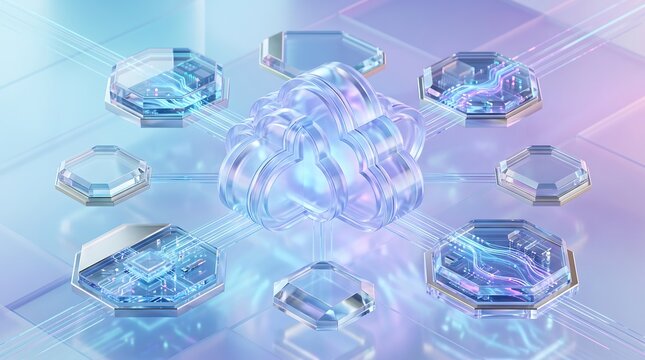 Digital cloud computing network hub with glass cloud icon connected to various high-tech hardware processing nodes for efficient enterprise data transmission and storage