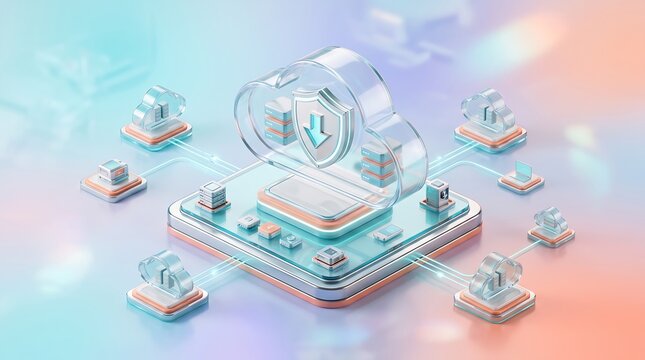 Cloud data management and security solution with central glass shield cloud icon connected to server hardware units on a clean interface for enterprise network connectivity