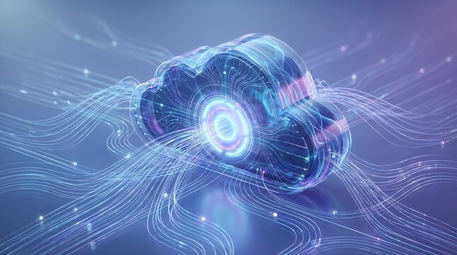 Abstract glowing cloud computing concept with intricate light trails and data nodes circulating in a digital space representing secure cloud storage and information flow 3D render