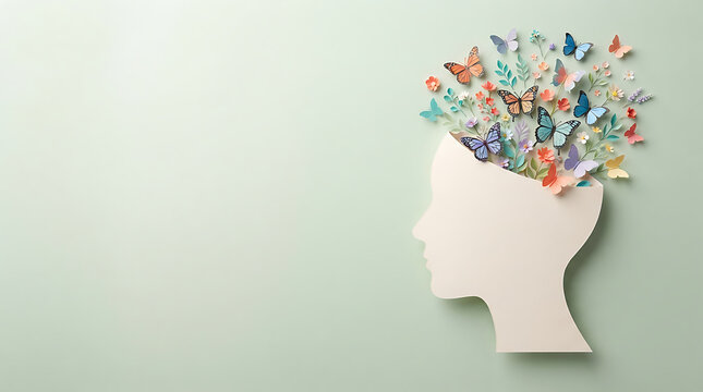 Human Head Silhouette with Colorful Butterflies Exploding for Mental Health and Creative Mind Concept