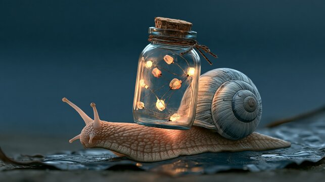 Tiny snail carrying miniature glowing glass jar filled with tiny colorful fireflies on back moving across dark wet leaf at night