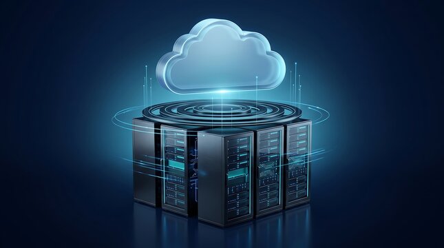 Central server array with floating glass cloud icon and orbiting digital data rings representing secure cloud infrastructure and centralized data processing in a 3D render