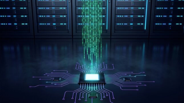 Central processing unit chip with digital binary data streaming upward against dark server racks background for futuristic information technology infrastructure and advanced computing concepts