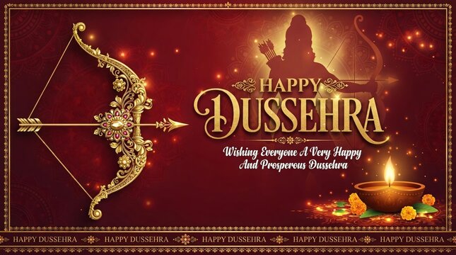 Happy Dussehra red banner with ornamental golden bow silhouette Rama and glowing diya.