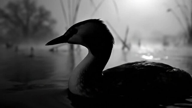 Black and white shot of a great crested grebe swimming in calm water with fog and reeds